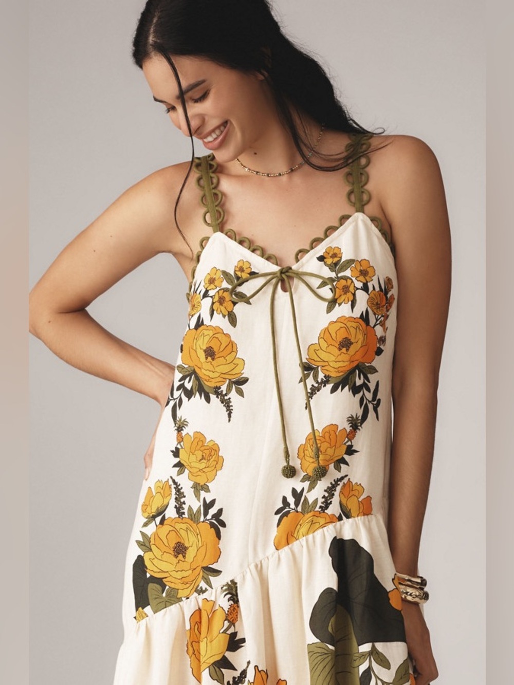 Farm Rio v neck A line cream yellow green floral maxi dress - Picture 2 of 13